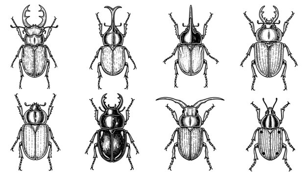 Vintage insect engravings: detailed beetle artwork collection