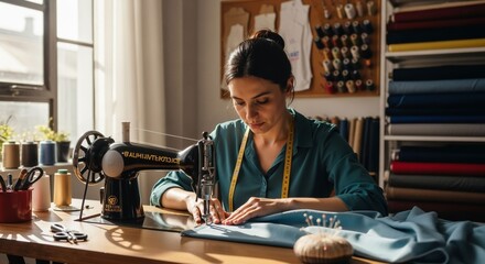 Focused woman sewing with vintage machine in her creative workshop studio