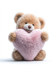 A fluffy teddy bear holds a large soft pink heart against a clean white background