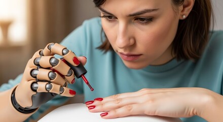 Bionic arm paints fingernails with vibrant red polish for beauty routine