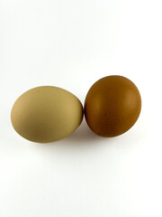 Two Domestic Chicken Eggs on White Background, Fresh Farm Product