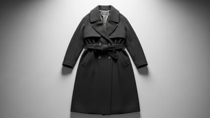Elegant black belted trench coat for women, perfect for fall fashion and stylish outerwear, classic and timeless design against a neutral backdrop
