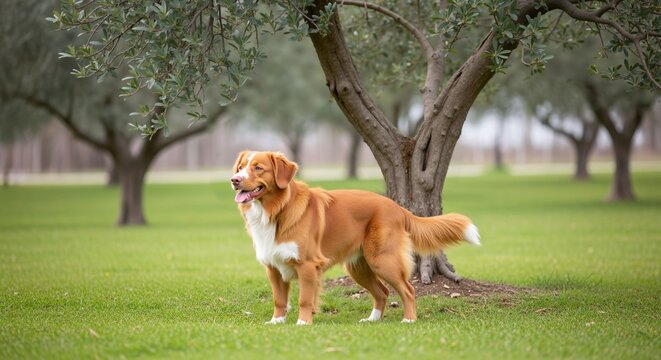 Joyful nova scotia duck tolling retriever portrait beneath olive trees