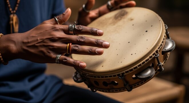 Expressive tambourine percussion performance by musician wearing rings