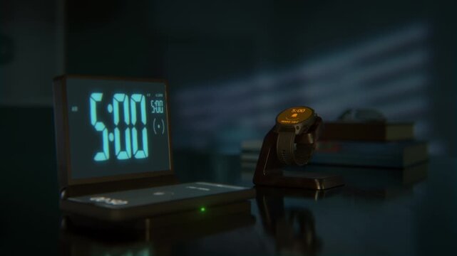 Digital alarm clock with phone charger and smartwatch are waking up at 6 AM. The numbers on the every screens changes from 4:59 to 5:00AM. Camera focus moves from clock with phone to the smartwatch.