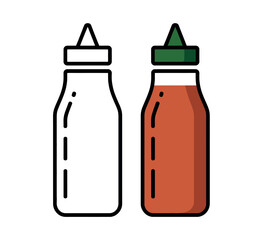 Two condiment bottles, one empty and one filled with sauce, are depicted side-by-side.