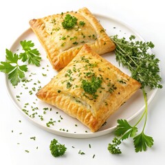 Enjoy delicious savory pastries with fresh herbs, perfect for a quick lunch or elegant appetizer presentation on a clean white plate background