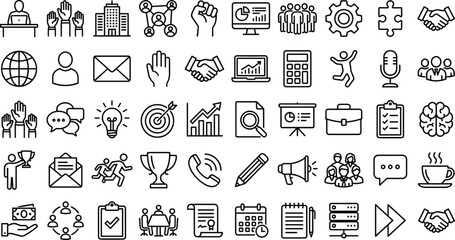 Naklejka premium Business, Corporate, and Office Outline Icons Teamwork, Strategy, Finance, Communication, and Success Symbols for Management and Professional Development
