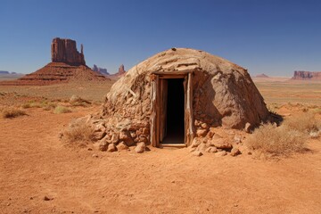 Navajo Hogan Amidst Monument Valley: A Historical Structure in the Arizona-Utah Desert, Celebrating Navajo Tribe Heritage