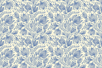 Vintage floral ethnic tapestry modern embroidery texture boho design vector illustration hand drawn silhouette indigo blue flower motif branches leaves wallpaper seamless background border.