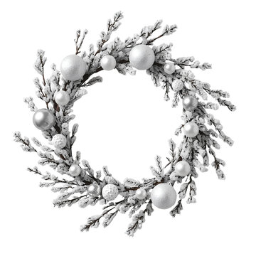 Frosted christmas wreath with silver ornaments isolated on transparent background