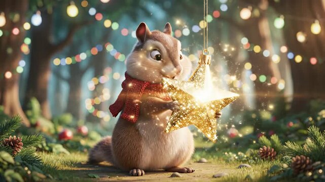 Chipmunk with Christmas star ornament - A cute chipmunk with a red scarf is holding a golden star ornament in its paws, looking at it. In the background are colored lights strung across trees.