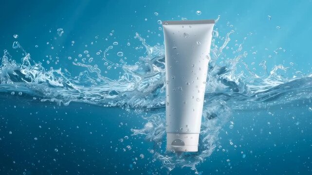 A tube of toothpaste is floating in the water. The tube is white and has a cap. The water is blue and splashing around the tube