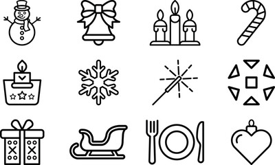 Christmas Outline Vector Icons Collection, Winter Holiday Minimalist Line Symbols, Festive Season Thin Line Icon Pack, Tree, Snowflake, Reindeer Icon Set