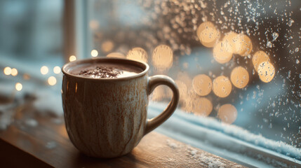 A cozy mug of hot cocoa sits on a windowsill with snow outside and warm bokeh lights glowing