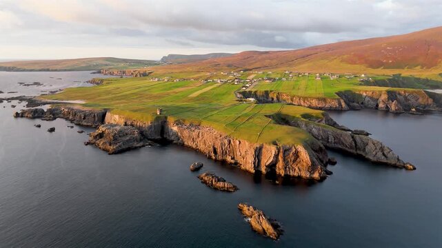 Aerial view of the coast at Malin Beg at the Napoleonic Signal Tower - County Donegal, Ireland