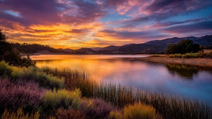 Los Gatos, California - Vasona Reservoir Glowing at Sunset, Showcasing Nature's Palette over Water and Sky