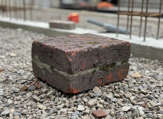 A weathered brick sits on a bed of pebbles at a construction site, hinting at foundations and future structures.