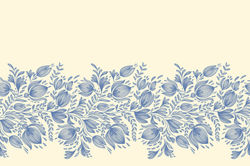 Vintage floral ethnic tapestry modern embroidery texture boho design vector illustration hand drawn silhouette indigo blue flower motif branches leaves wallpaper seamless background border.
