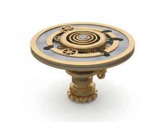 Golden Gears Table: A Detailed View of Intricate Mechanisms and Design, Showing Cogs, and Precision Engineering on a White Background.