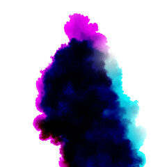 Vibrant and dynamic abstract colorful smoke or ink plume with a striking blend of purple, blue, and...