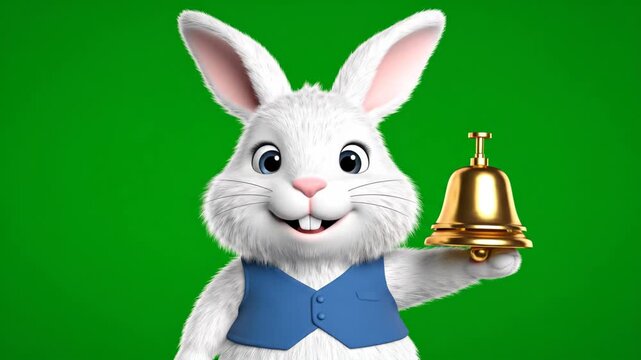 Happy Bunny Ringing a Golden Bell - A cheerful white rabbit with a blue vest is holding and ringing a golden bell, his eyes closed in happy expectation.