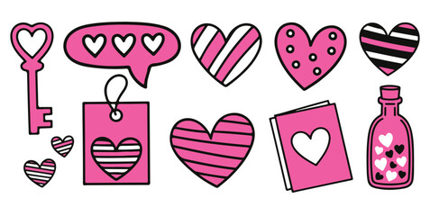 Vibrant Love Symbols Collection: Key, Chat Bubble, Hearts, Tag, Book, Potion Bottle in Playful Pink Hues