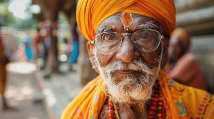 Obraz premium Elderly Indian grandfather in traditional national dress for Independence Day celebration. Patriotic portrait representing cultural heritage and wisdom of India