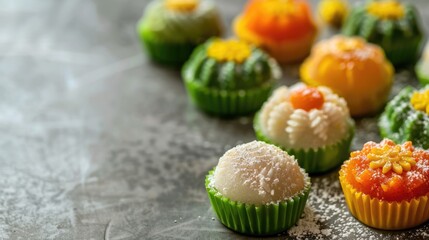 Indian Independence Day horizontal banner featuring traditional national desserts and sweets with orange, white and green cupcakes. Festive design with copy space for text