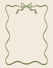Wavy frame with ribbon bow. Vector green vintage border isolated.