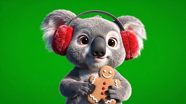 Koala Bear with Gingerbread Cookie and Earmuffs - A cute cartoon koala bear is wearing red earmuffs and holding a gingerbread man cookie. The background is bright green, perfect for chroma keying.