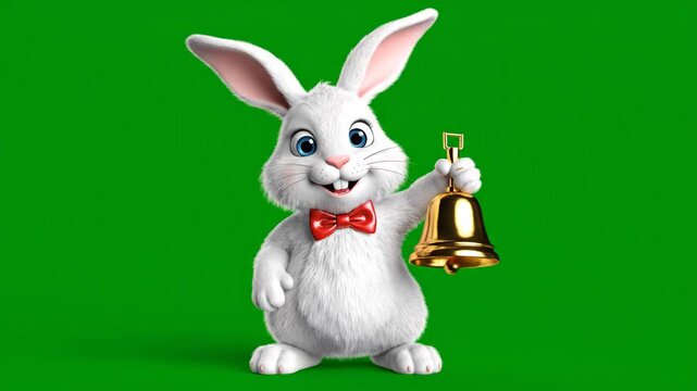 Animated Bunny with Bell on Green Screen - A full body still shot shows a cartoon white bunny character standing upright and smiling.