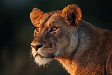 Naklejka premium Majestic Lioness Bathed in Morning Light at Masai Mara, Kenya â€“ A Stunning Portrait of Africa's Big Cat