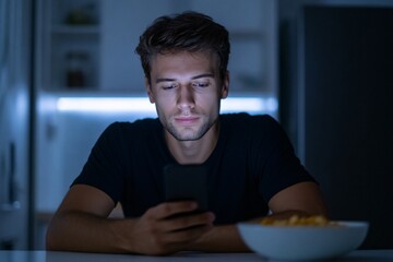 A young adult man sits alone in a dimly lit kitchen, engaged with his smartphone