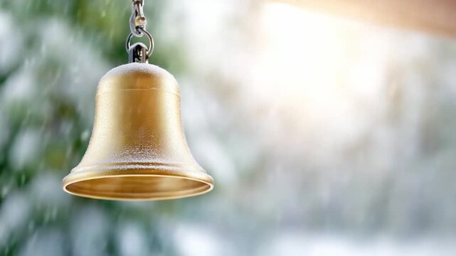 Golden Bell in Winter's Embrace: A solitary golden bell, adorned with a delicate dusting of frost, hangs serenely amidst a backdrop of gently falling snow and soft sunlight.