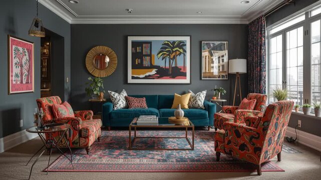 Vibrant lounge area with a deep teal sofa and patterned accent chairs creating cozy atmosphere.