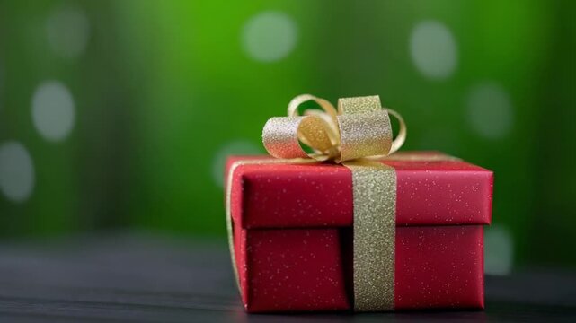 Gift of Celebration: A beautifully wrapped gift box sits in the center. Its red exterior contrasted by the gold ribbon on top, evokes a sense of anticipation and delight.