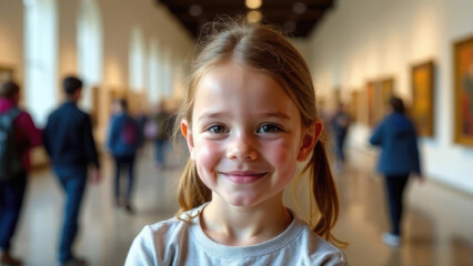 World Museum Day portrait of a young European schoolgirl in art gallery exhibition hall, observing museum collections and cultural heritage displays with interest