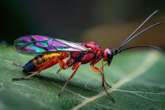 Vibrant Braconid Wasp Amidst Lush Foliage: A Glimpse into Nature's Colorful Parasitic Insect