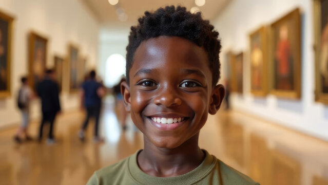Curious African-American schoolboy exploring art gallery exhibition hall on World Museum Day, portrait with classical paintings and cultural exhibits background setting