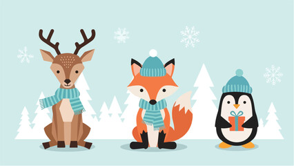 Naklejka premium Cute cartoon illustration featuring a deer, fox, and penguin wearing winter accessories against a snowy forest backdrop.