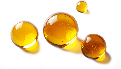 ゴールドオイルの透明カプセルが並んだ高級感のある3Dレンダーアート  ぷるんとした水滴と光 ジェネレーティブAI