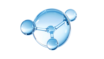 水色美容成分をイメージした分子モデルバブルとぷるんとした水滴の球体  3Dレンダリング ジェネレーティブAI