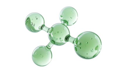 緑色の美容成分の透明分子モデルバブル 3Dレンダリング  ジェル状の分子構造 美容科学 ジェネレーティブAI
