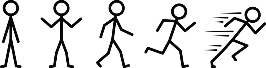 Stick Figure Man Running Sequence Progression of Movement from Standing, Walking, Jogging to Fast Run, Speed, and Motion for Sport and Activity
