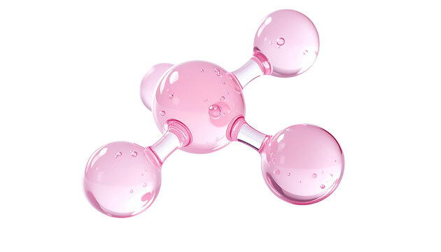 ピンクの美容成分をイメージした分子モデルバブル 3Dレンダリング 分子構造ガラスバブルアート 美容科学イメージ ジェネレーティブAI