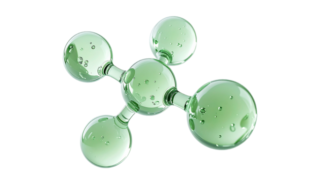 緑色の美容成分の透明分子モデルバブル 3Dレンダリング  ジェル状の分子構造 美容科学 ジェネレーティブAI