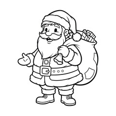 Obraz premium Black and white line art drawing of santa claus holding a big sack of christmas presents