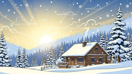 Enchanting winter scene evokes cozy cabin getaway with snow-covered trees and gentle snowfall, perfect for holiday greetings or winter promotions