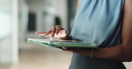 Hands, scroll and woman with tablet public relations and digital app for brand communication. Person, internet and consultant with social media management, PR feedback or planning for online campaign - Powered by Adobe